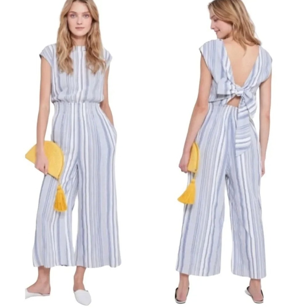 Roller Rabbit Emanelle Cotton Jumpsuit Medium Coastal Blue White Smock Tie Back